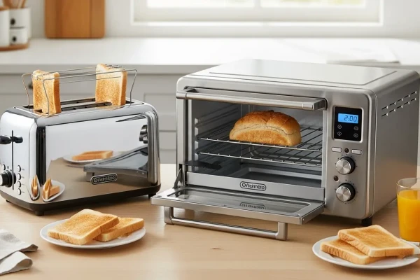 Berbagai jenis toaster roti (pop-up dan oven) di meja dapur modern.